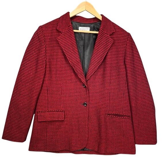 Pendleton Women’s Red Black Checkered Virgin Wool USA Lined Work Blazer Jacket L - Picture 1 of 5